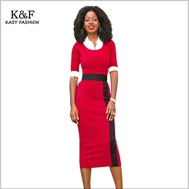 Женское элегантное платье миди с коротким рукавом и высокой талией для работы 2018