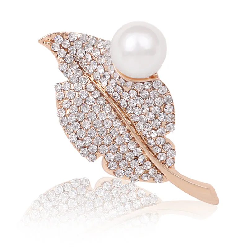 Позолоченная жемчужная брошь Стразы Броши со стилизованными листьями