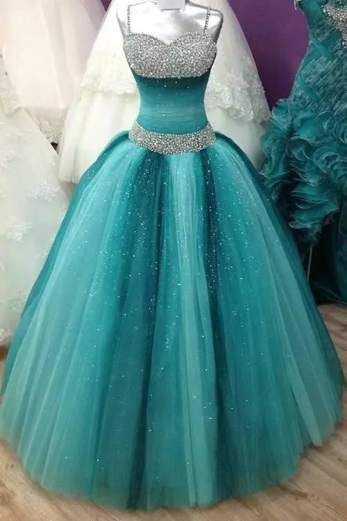 Dlass 2020 Quinceanera платья бальное платье тонкие лямки тюль бисером кристаллами зеленый