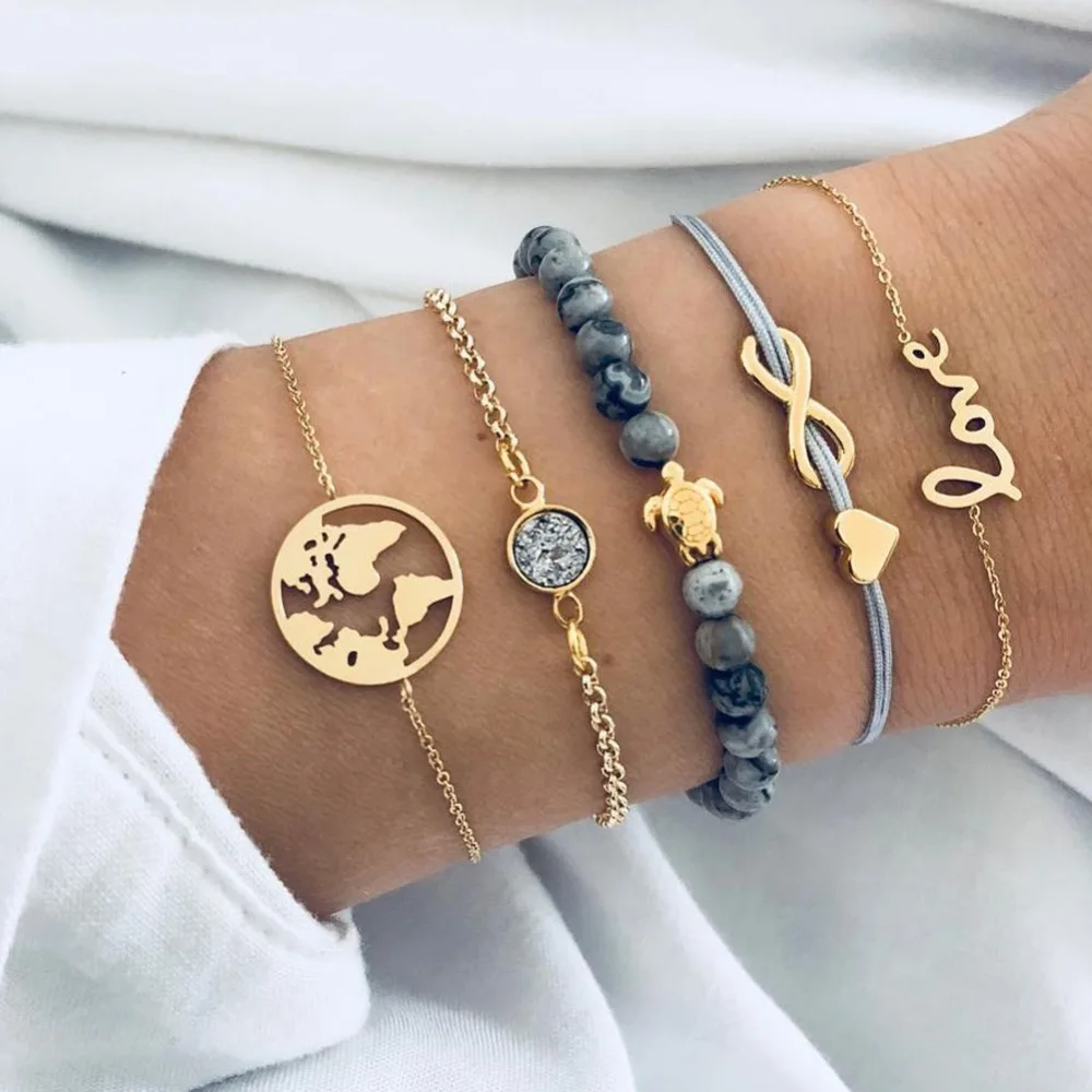 Элегантные серые браслеты с бусинами богемная творческая карта мира черепаха