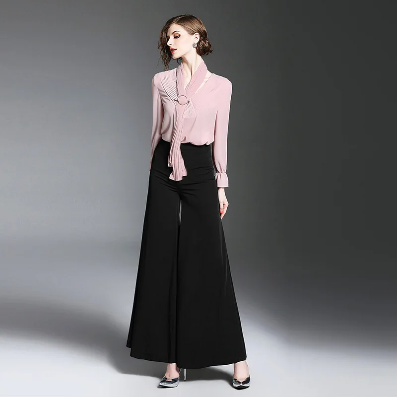 Kakagogo элегантный розовый Для женщин 2 шт. Полный длинные брюки комплект костюм XL