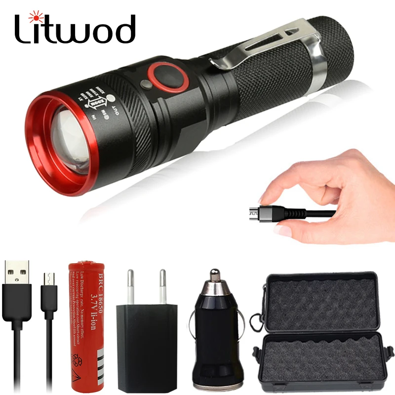 Фонарик litwod Z251511 XM-L T6 светодиодный перезаряжаемый с Micro USB 3 режима для кемпинга 18650