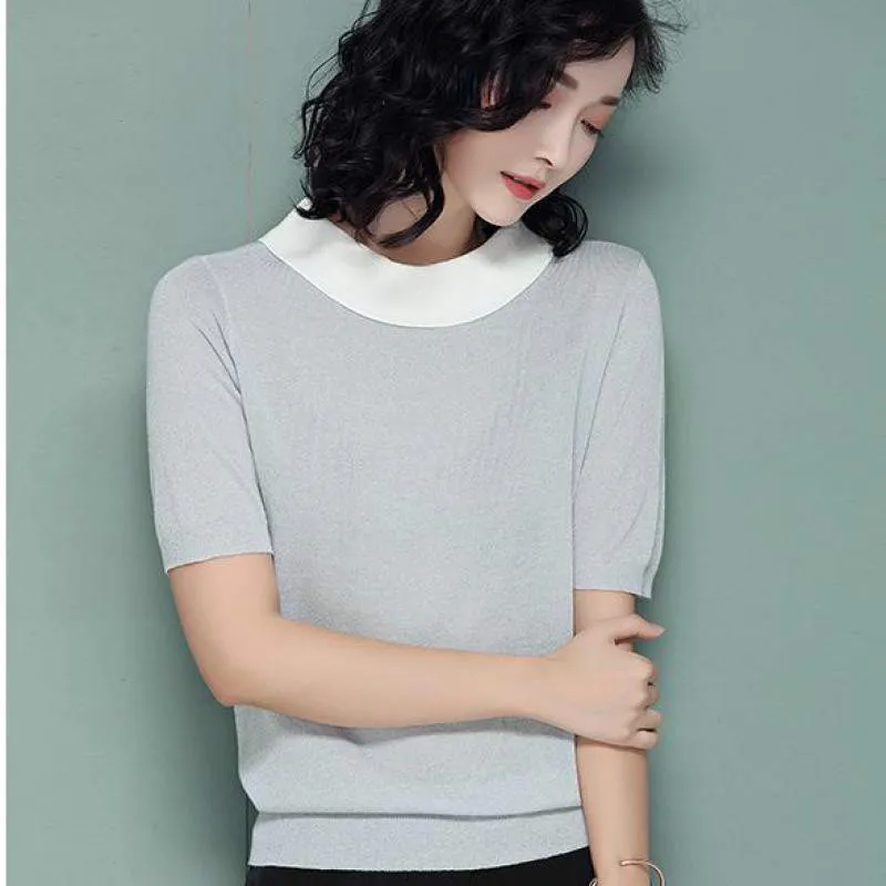 Summer 2019 Office Lady Knitted 5 Solid Color Sweater Turn-collar Short Sleeve Size S-2xl Women Thin Pullover Jl-ay8081 | Женская одежда