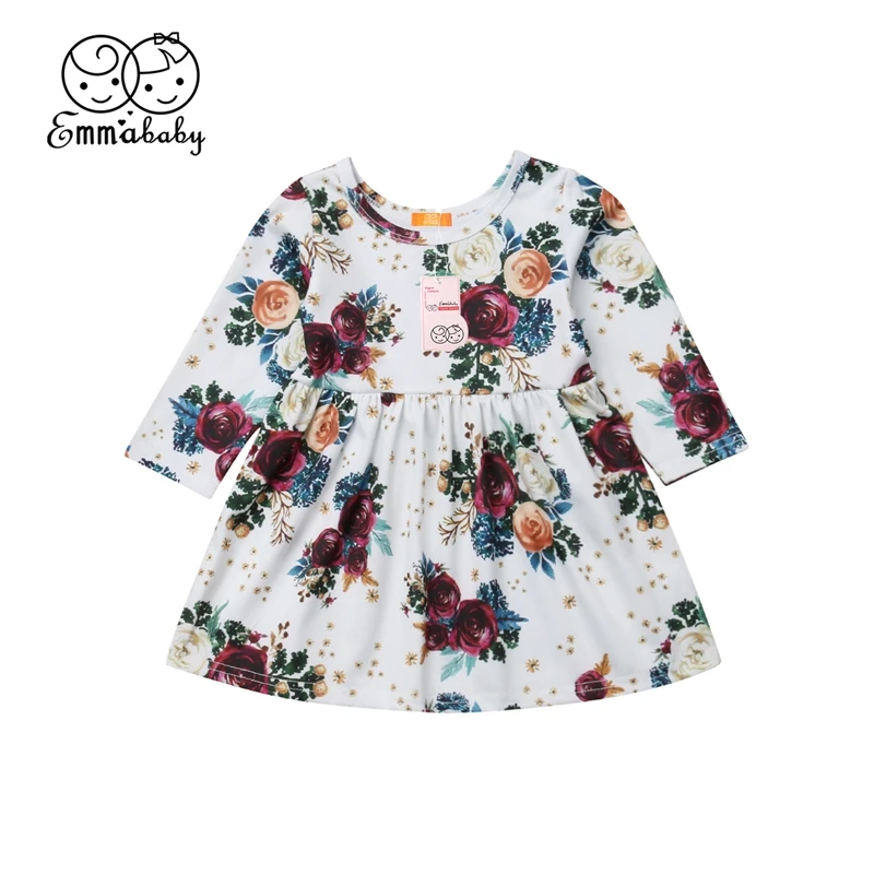 Осеннее платье принцессы трапециевидной формы с цветочным принтом для маленьких
