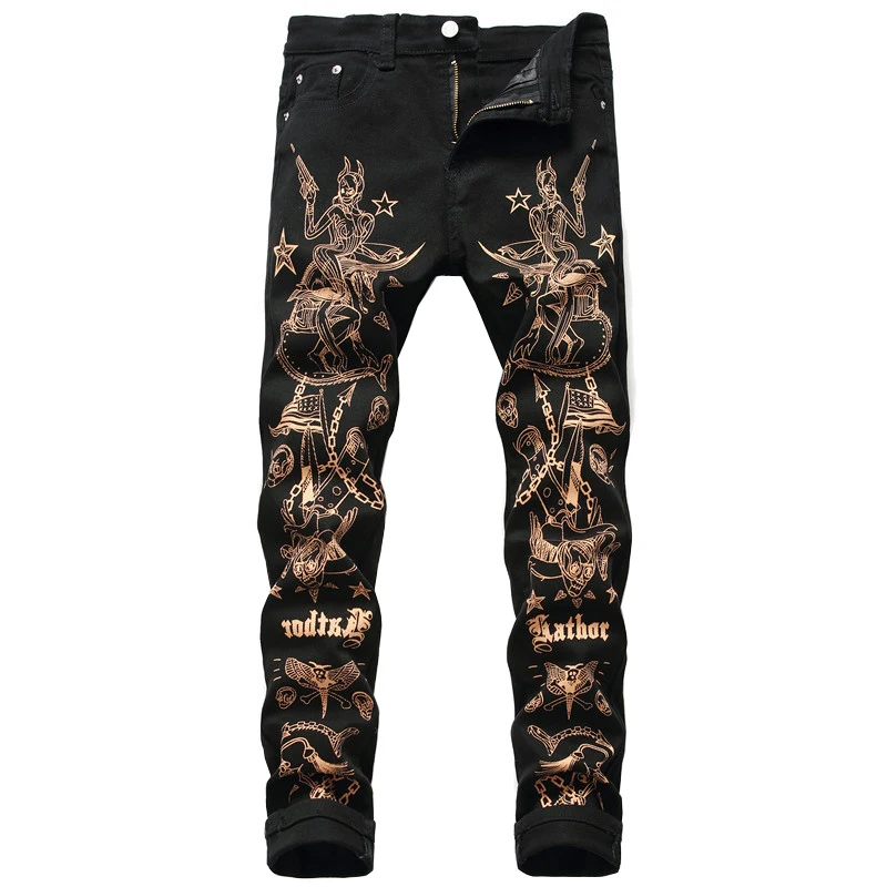 New Men's male slim 3D print jeans Fashion casual trousers sexy beauty flag skull painted black stretch denim pants | Мужская одежда