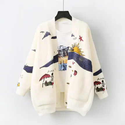 Cardigan Sweater Women's Autumn And Winter New Loose Cute Print Joker Long Sleeve Knitted Jacket Sweaters Oversize 2020 |