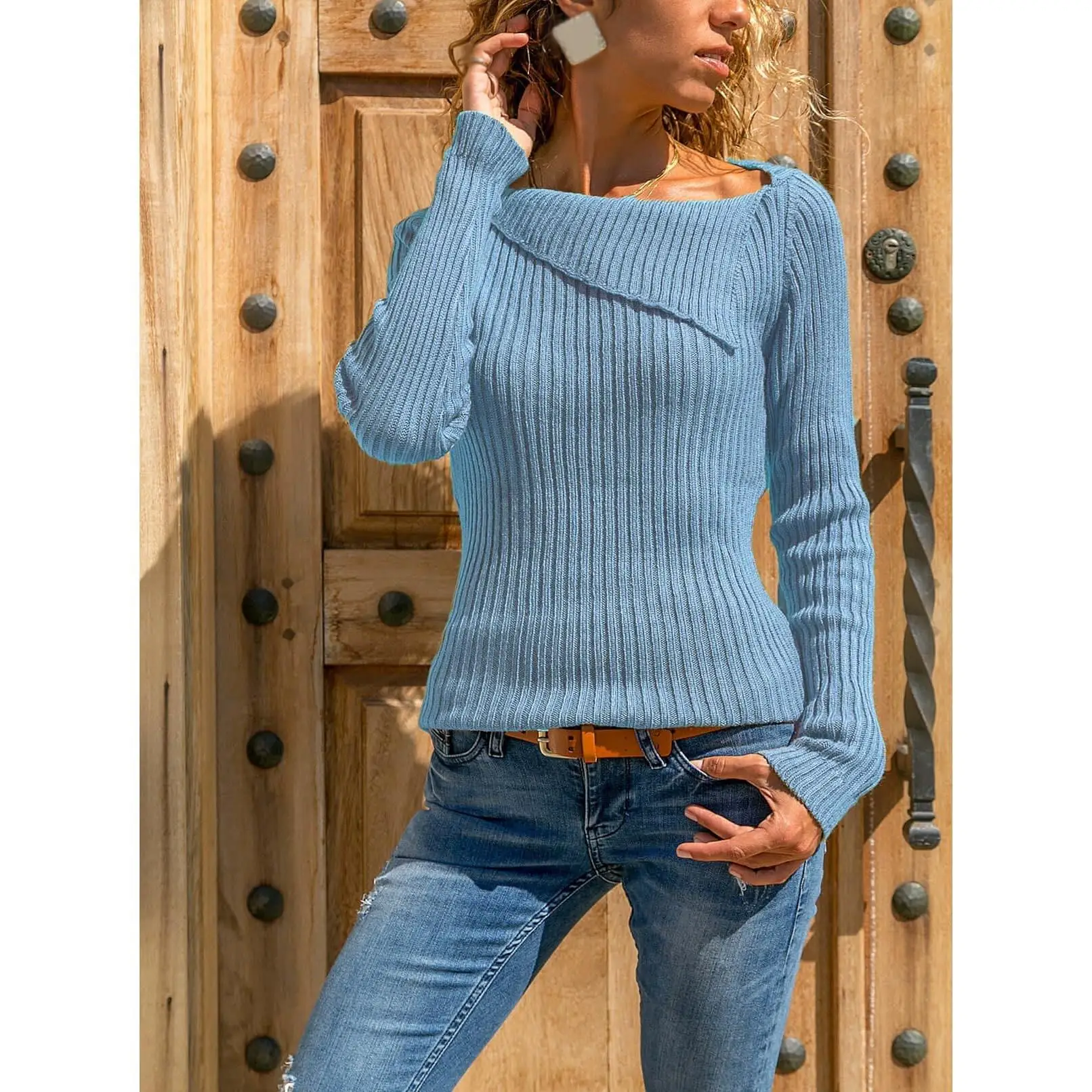 Женский вязаный свитер с асимметричным воротником свободный большого размера