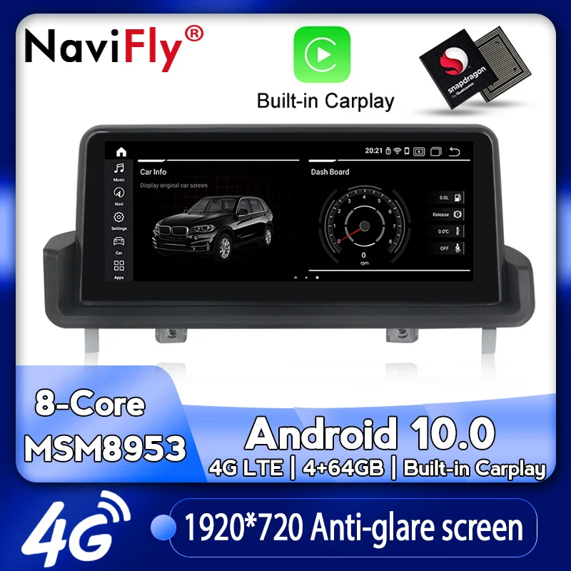 Навигационный Android-плеер NaviFly для BMW E90 E91 E92 E93 318i 320i с кнопкой Idrive, Qualcomm 4G LTE, поддержкой Carplay, разрешением 1920*720 и дисплеем IPS.