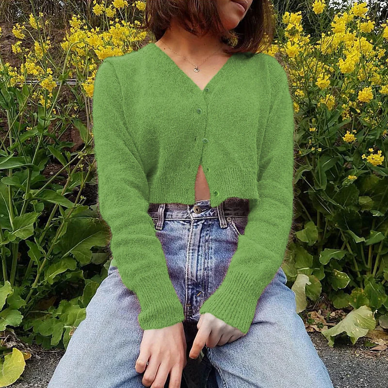 Knitted Sweater Coat Long Sleeve Casual V-Neck Solid Green Cardigans Women Button High Street Crop Top Ladies |