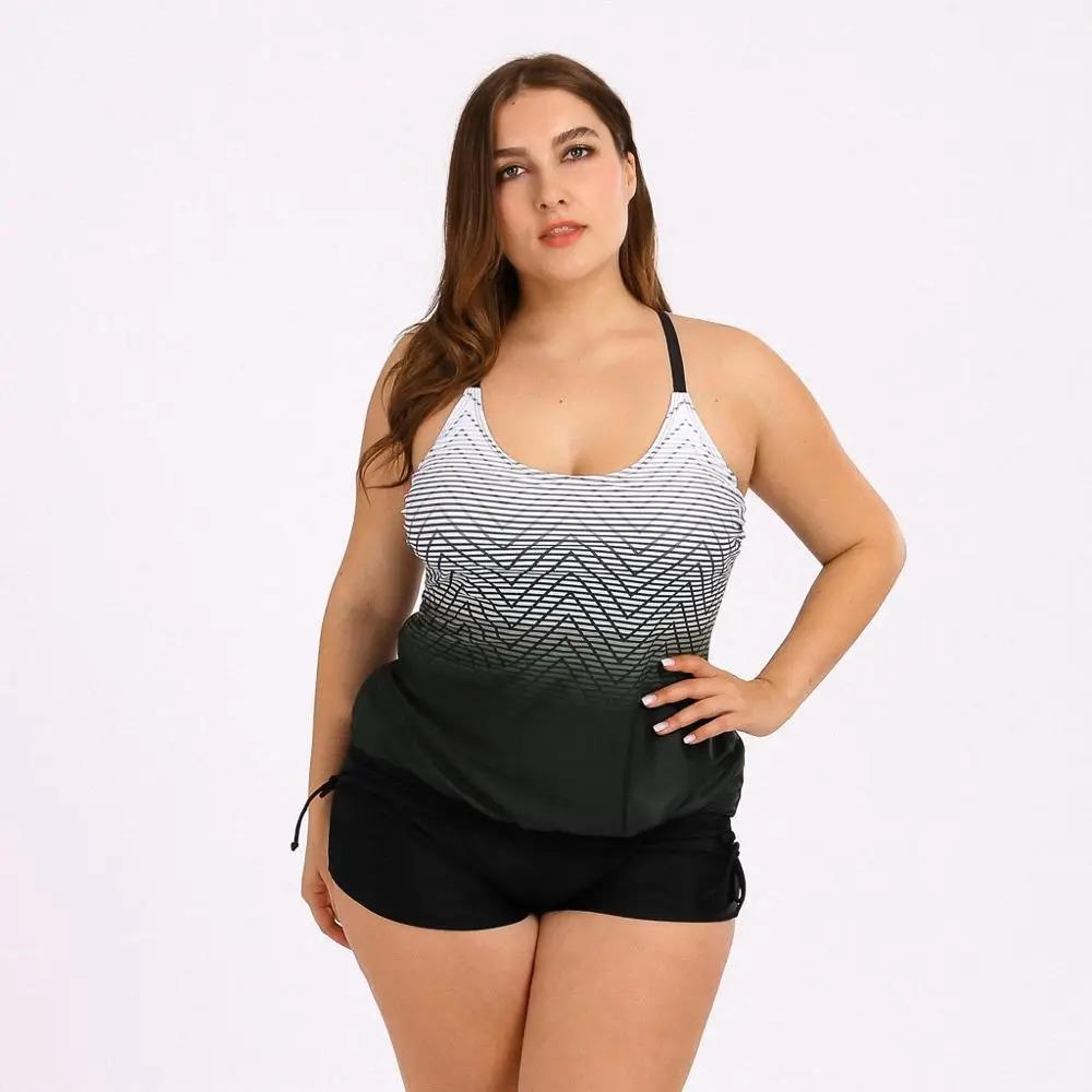 Plus Size 5XL Stripe Swimsuit Women Large Tankini Swimwear For Shorts Two Piece Big Bra Beach Split Bodysuit Strap | Спорт и