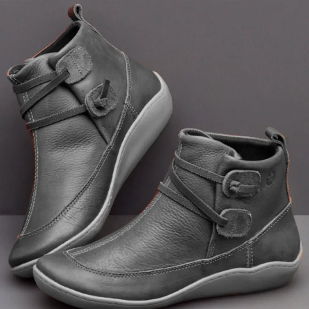 Retro Solid Color Female Pointed Toe Low-top Leather Boots Long Shoelace Shock Absorption Low-heeled Women's Shoes | Безопасность и