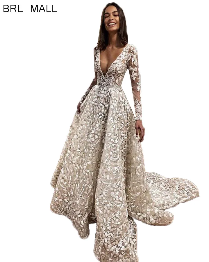 Новинка 2020! кружевное богемное свадебное платье с v образным вырезом и длинными