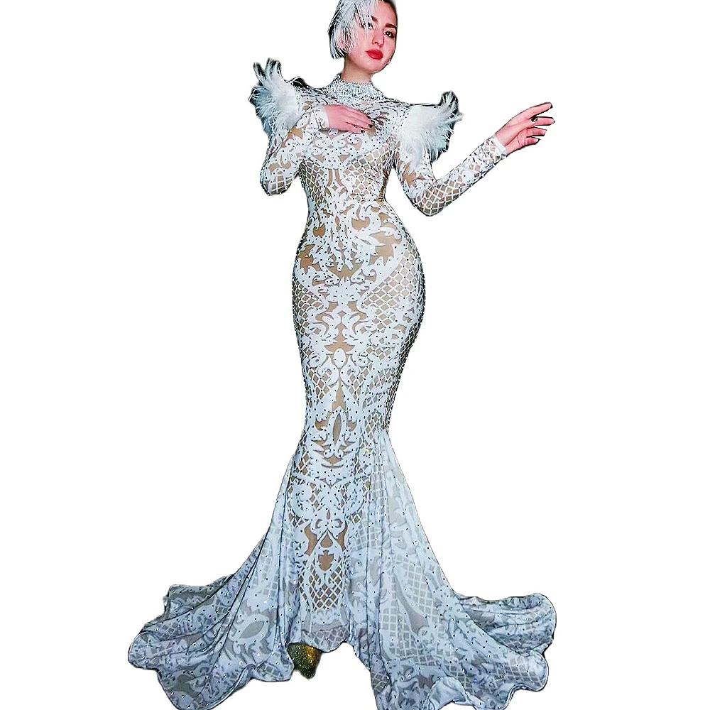Сияющие бриллианты для женщин с длинным хвостом русалки платья белыми перьями