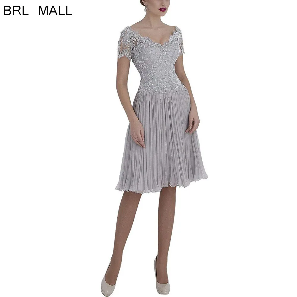 Grey Pleats Chiffon Mother of Bride Dresses Short Sleeves Lace Formal Evening Gowns Plus Size Dress vestidos de madre | Свадьбы и