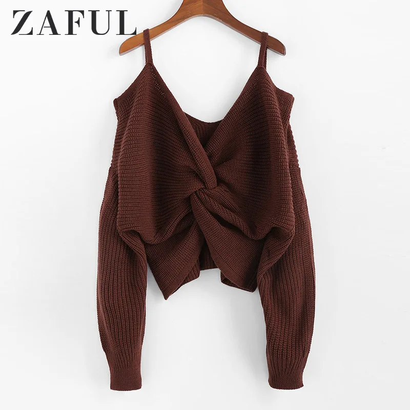 Женский джемпер с открытыми плечами ZAFUL теплый однотонный хлопковый свитер