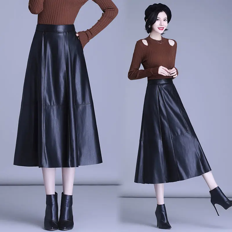 Genuine Leather Skirt Women's Fall Winter High Waist Pleated Mid-Long Skirts Womens Black Harajuku Plus Size S-5XL | Женская одежда