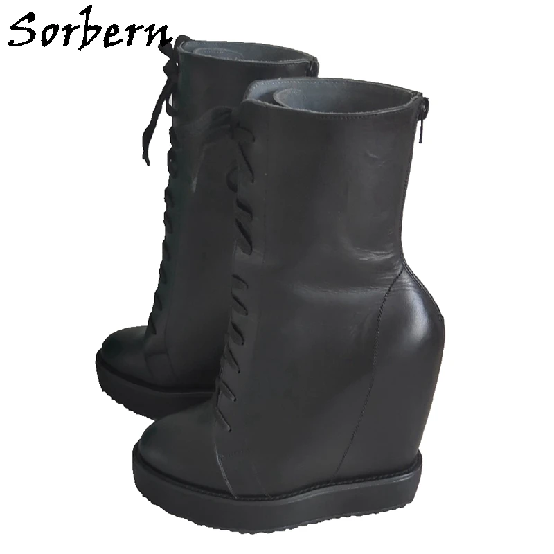 Женские кожаные ботинки на танкетке с круглым носком 15 см