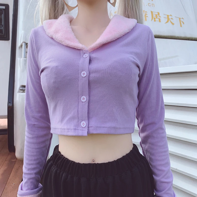 Purple Patchwork Furry Cardigan Women Autumn Long Sleeve Crop Knitted Sweater Kawaii Korean Jumper Ladies Knitwear Winter |