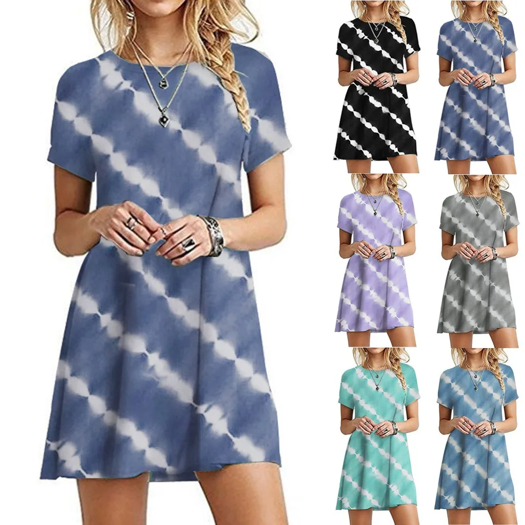 Women Dresses Short Sleeve Vestido Mujer O-neck Slim Loose Stripes Tie-dye Casual Mini Dress пляжное платье летние платья |