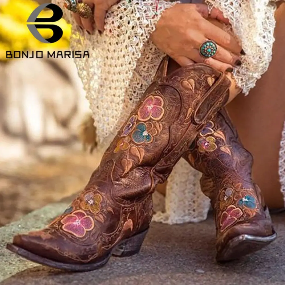 Ботинки BONJOMARISA женские винтажные ковбойские сапоги с вышивкой на высоком