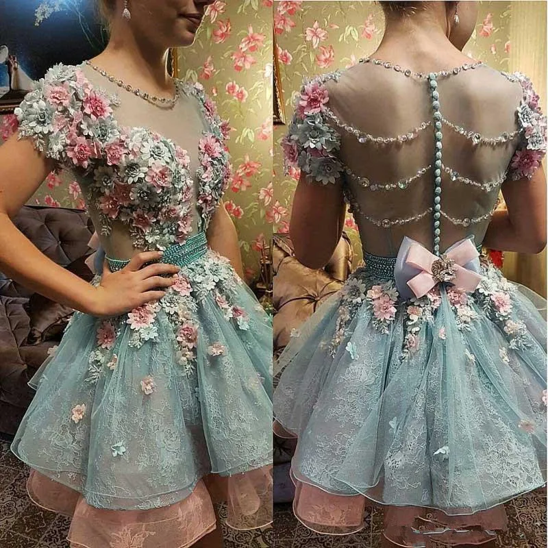 Hot 3D Floral Appliqued Homecoming Dresses Sweet 16 Short Sleeve Beads Prom Gowns Plus Size Vintage Formal Evening Dress |