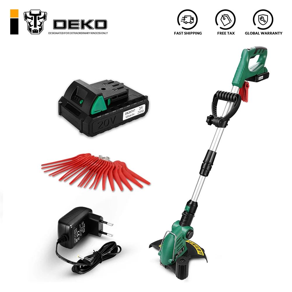 Беспроводной триммер для травы DEKO DKGT06A 20V Литиевый 2000 мАч с аккумуляторным блоком и регулируемым углом работы лезвий.