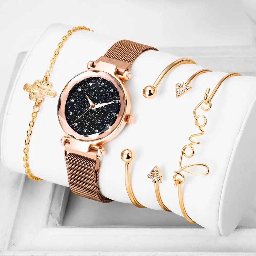 Часы наручные женские кварцевые комплект из 5 предметов с браслетом под платье