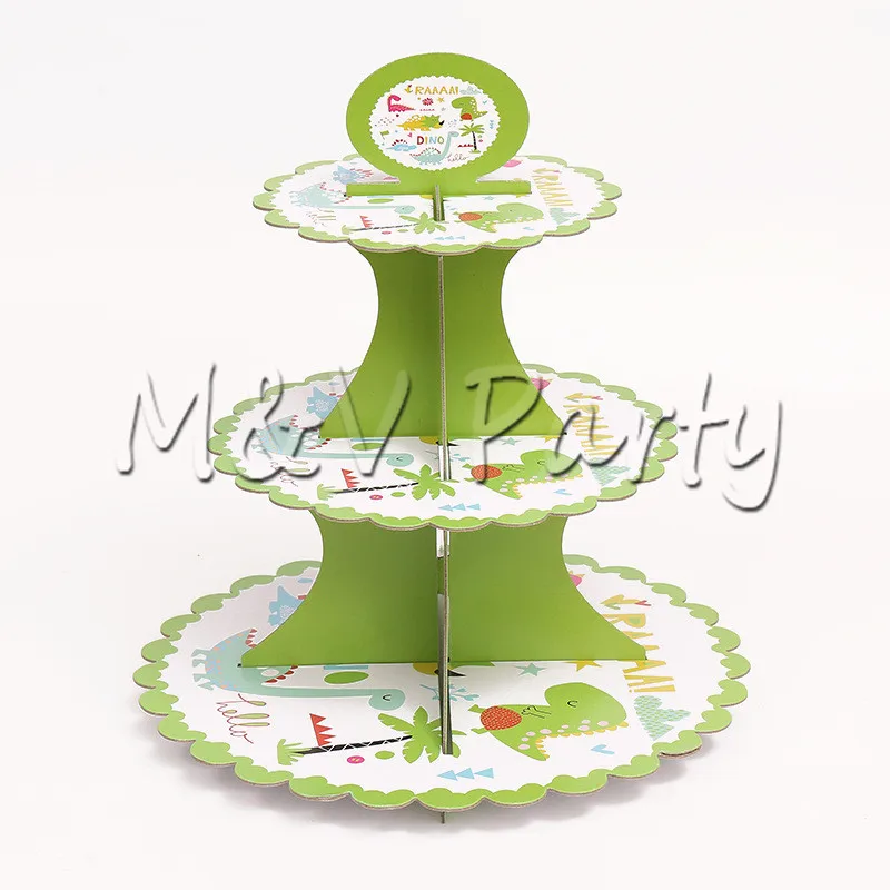 3 слоя Зеленый мультфильм мотив динозавра вечерние бумажные торт стенд ребенок