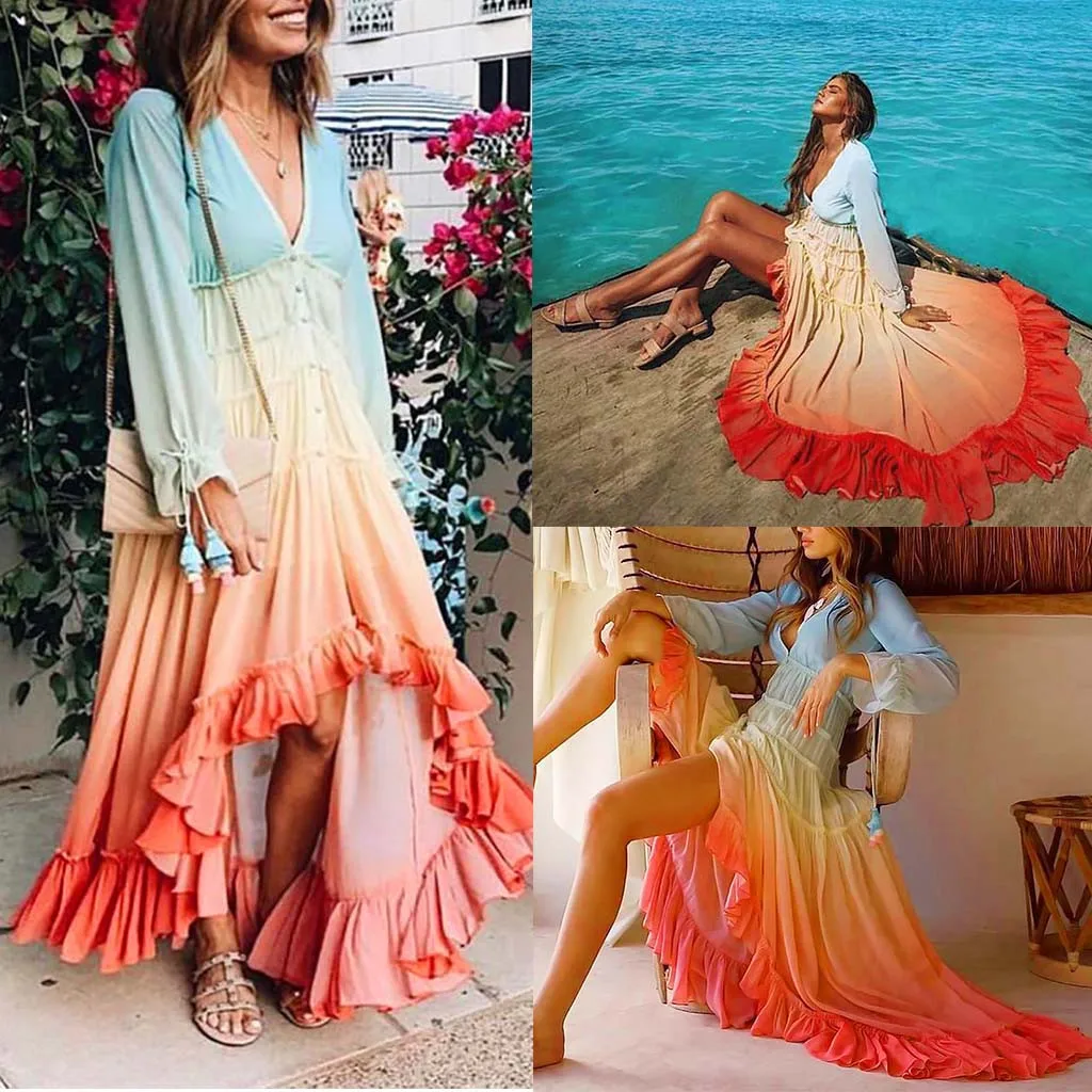 Fashion Women's Long Sleeve DRESS Plus Size V-neck Gradient Loose Single-Row Button Fold Dress 2019 New Summer Holiday Beach#G1 | Женская