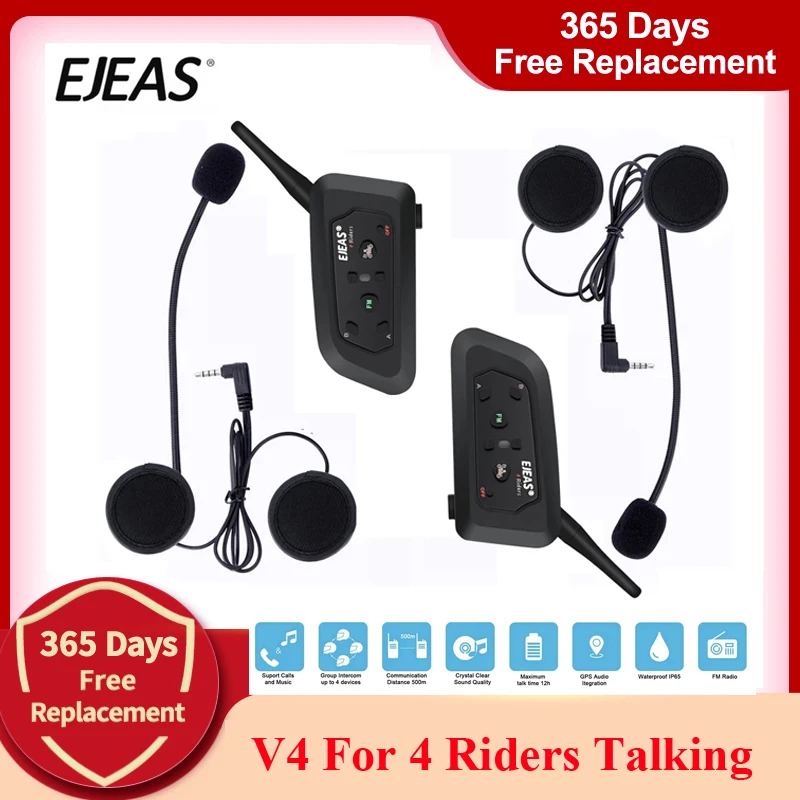 2Pcs EJEAS V4-1200m Intercom Bluetooth Helmet Interphone 4 Riders Talking Group At the Same Time Motorcycle Casco Walkie Talkie |
