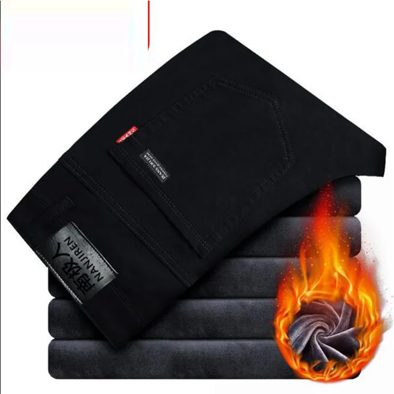 Men Fashion Winter Jeans Black Slim Fit Stretch Thick Velvet Pants Warm Casual Fleece Trousers Male | Мужская одежда