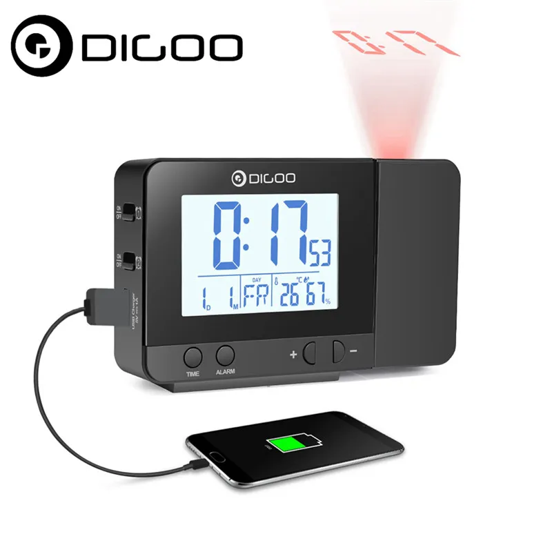 Digoo DG-C10 LCD Wireless USB Rechargeable Backlight Projection Clocks Temperature Humidity Display Desk Clock for Phone Speaker | Дом и сад