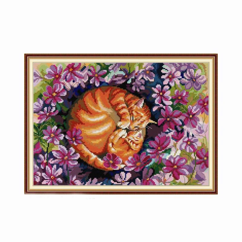 Набор для вышивки крестиком Joy Sunday с рисунком кошки и цветов 14CT 11CT
