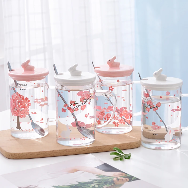Milk Coffee Mug Cherry Blossom Pattern Heat-Resistant Glass Water Cup Cute Straw Home Office Flower Tea With Lid Spoon | Дом и сад
