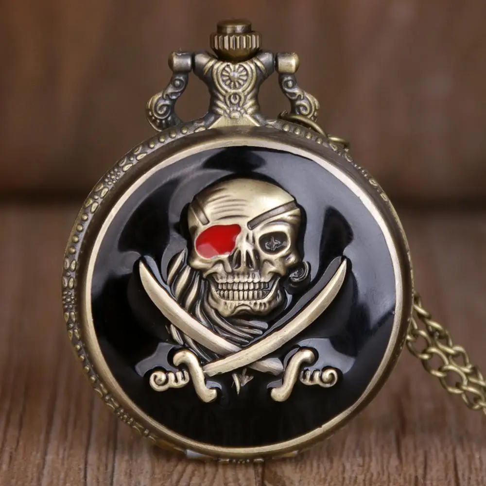 Bronze Steampunk Quartz Pocket Watch with Chain Carribean Pirate Skull Head Horror for Men Women Pendant TD2004 | Наручные часы