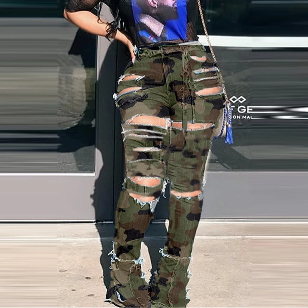 Камуфляжные Узкие рваные джинсы женские штаны карандаш стрейч из денима с