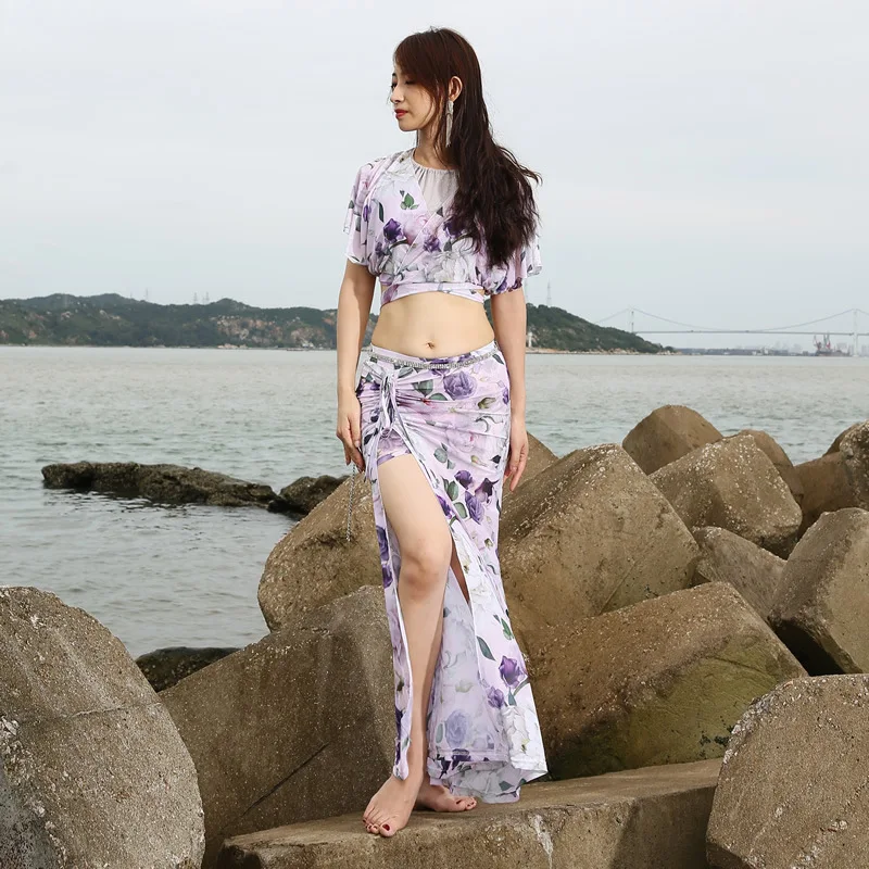 Женский костюм для танца живота из шелковой юбки с цветами танцевальный