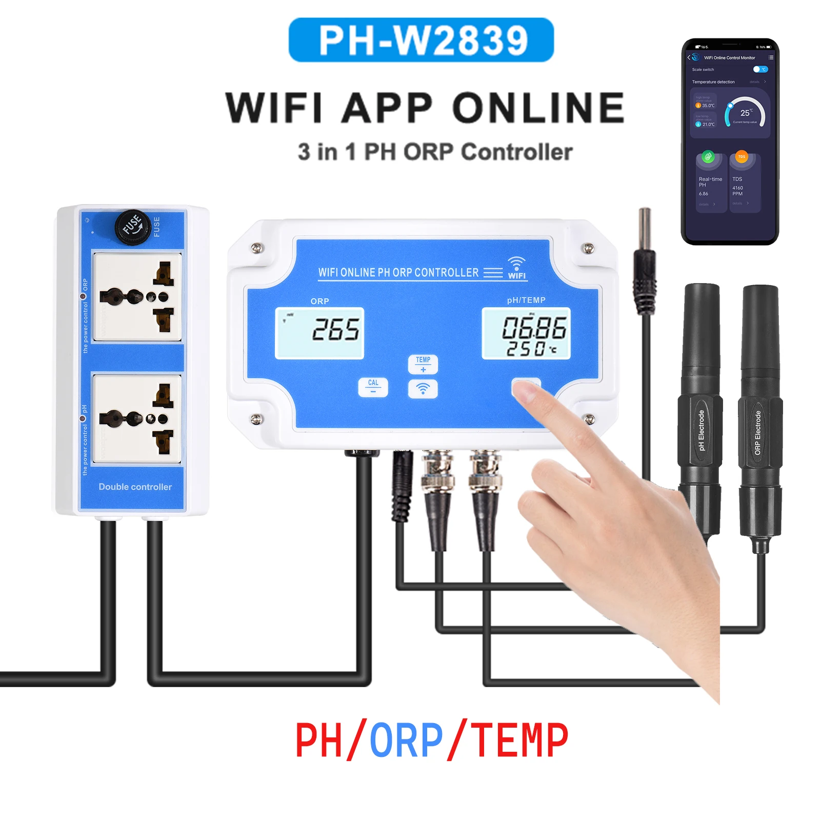 Беспроводной WiFi онлайн контроль детектора качества воды 3-в-1 pH/ORP/TEMP контроллер тестер с зондом типа BNC.