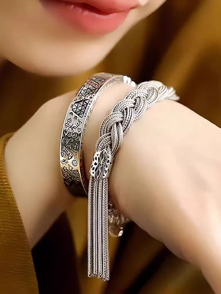 Элегантный серебряный открытый браслет S925 для женщин с гравировкой эмаль дизайн