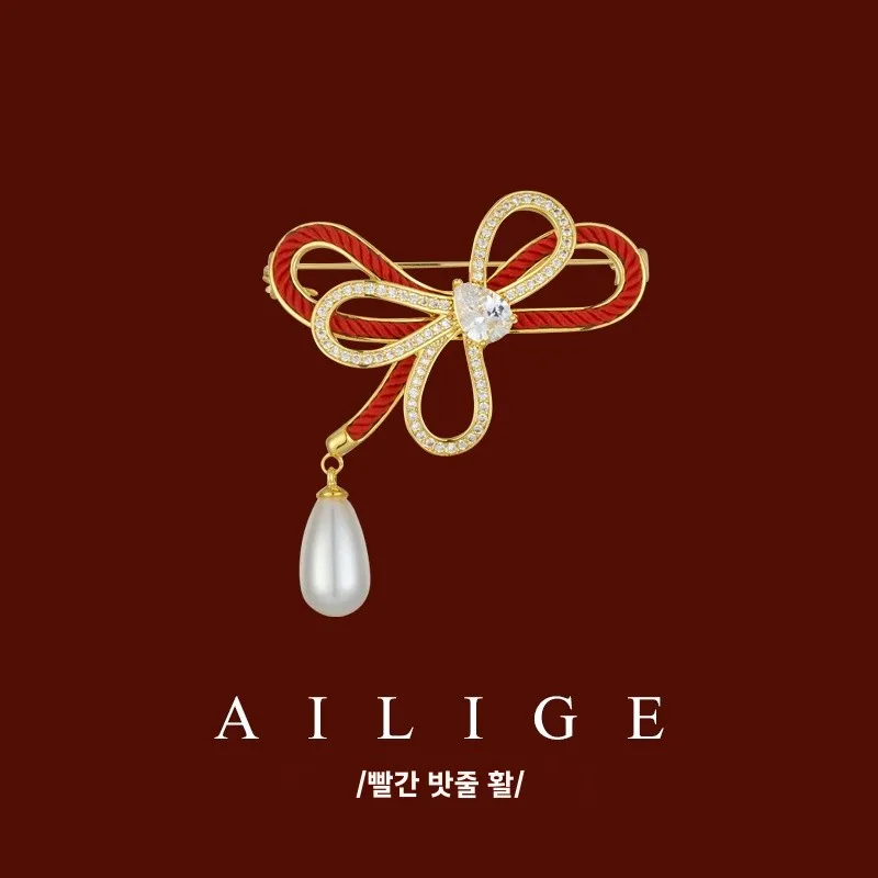 New Year Good Luck Red Rope Series Bow Brooch Original Design High-Grade Micro Inlaid Zircon Corsage Pin |