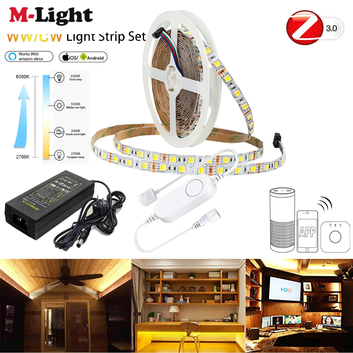 Контроллер Zigbee CCT + 12 В 5050 3500-6500k CW/WW цветовая температура Светодиодная лента