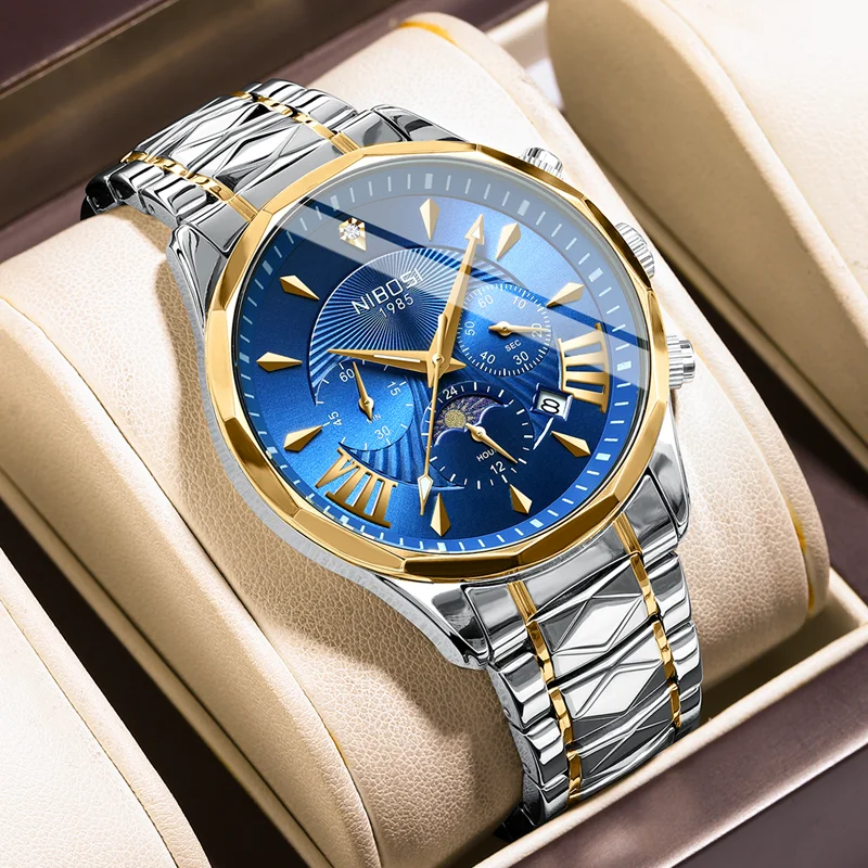 Роскошные мужские часы NIBOSI с хронографом и датой из нержавеющей стали