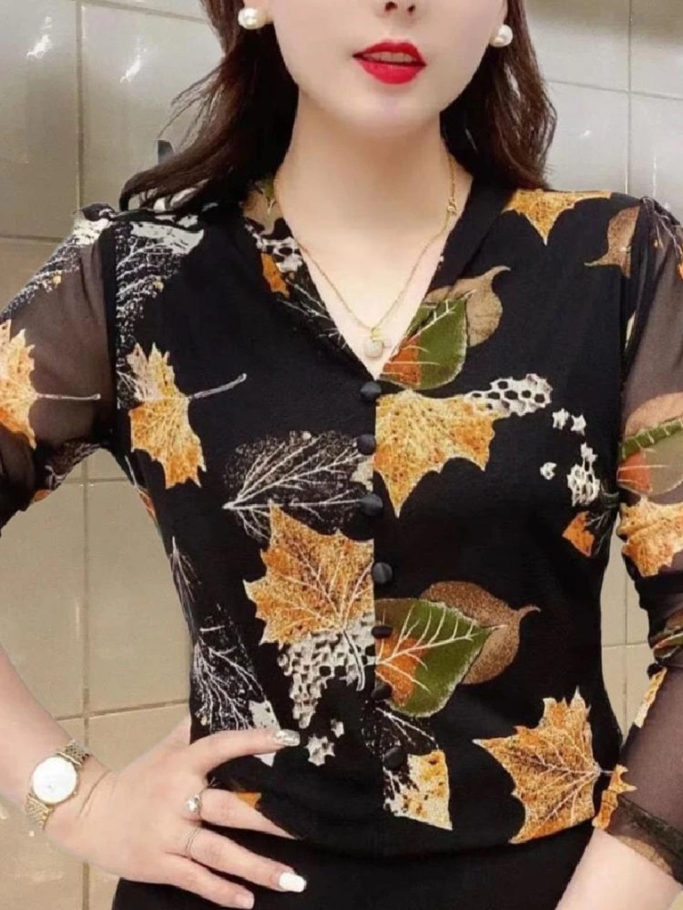 Осенний новый южнокорейский шелковый сетчатый топ с цветочным принтом и