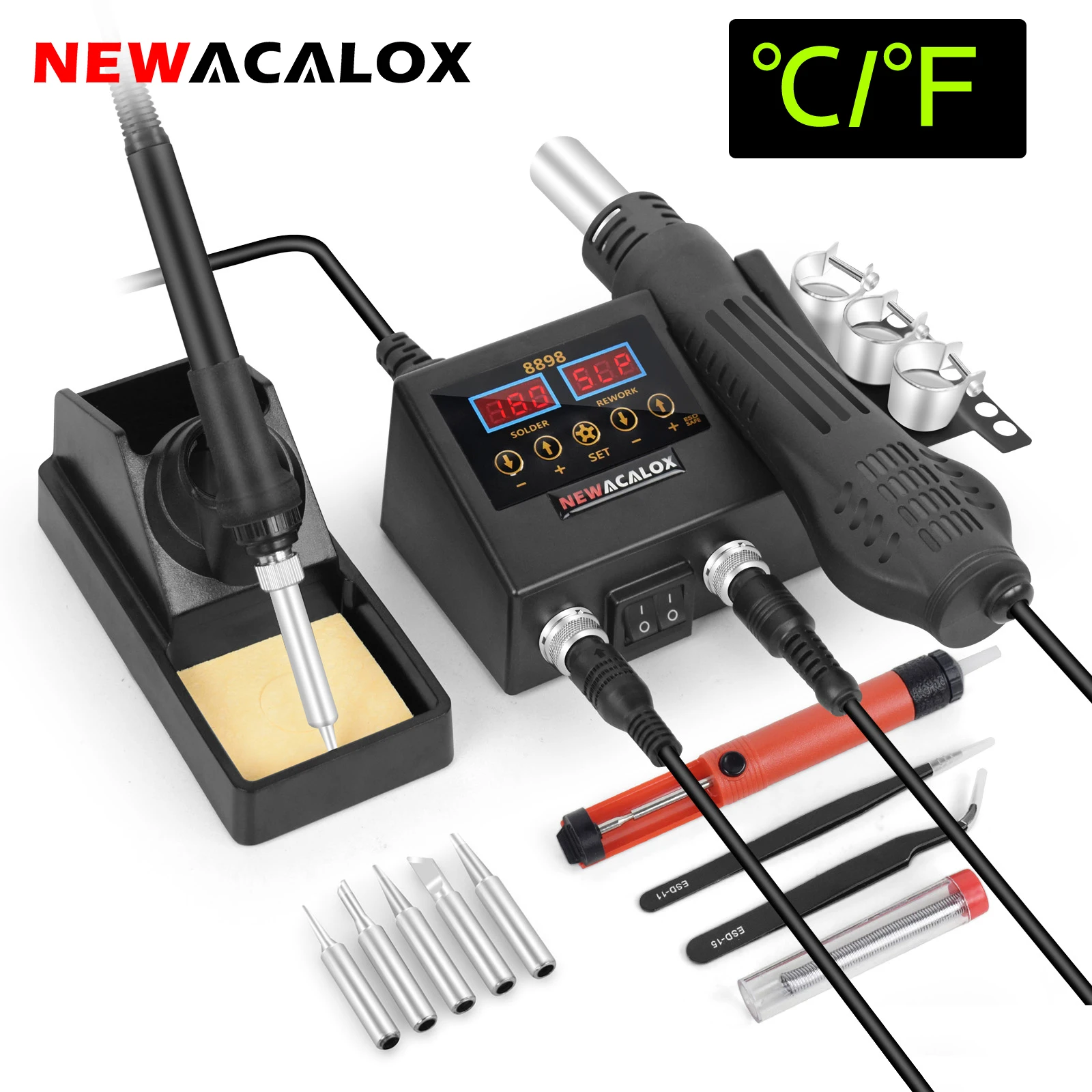 Новаялокс ЕС 220В 8898 Портативная паяльная SMD станция для перепайки 2 в 1 Мини сварка с переключателем на ℃/℉ для ремонта BGA IC платы компьютера.