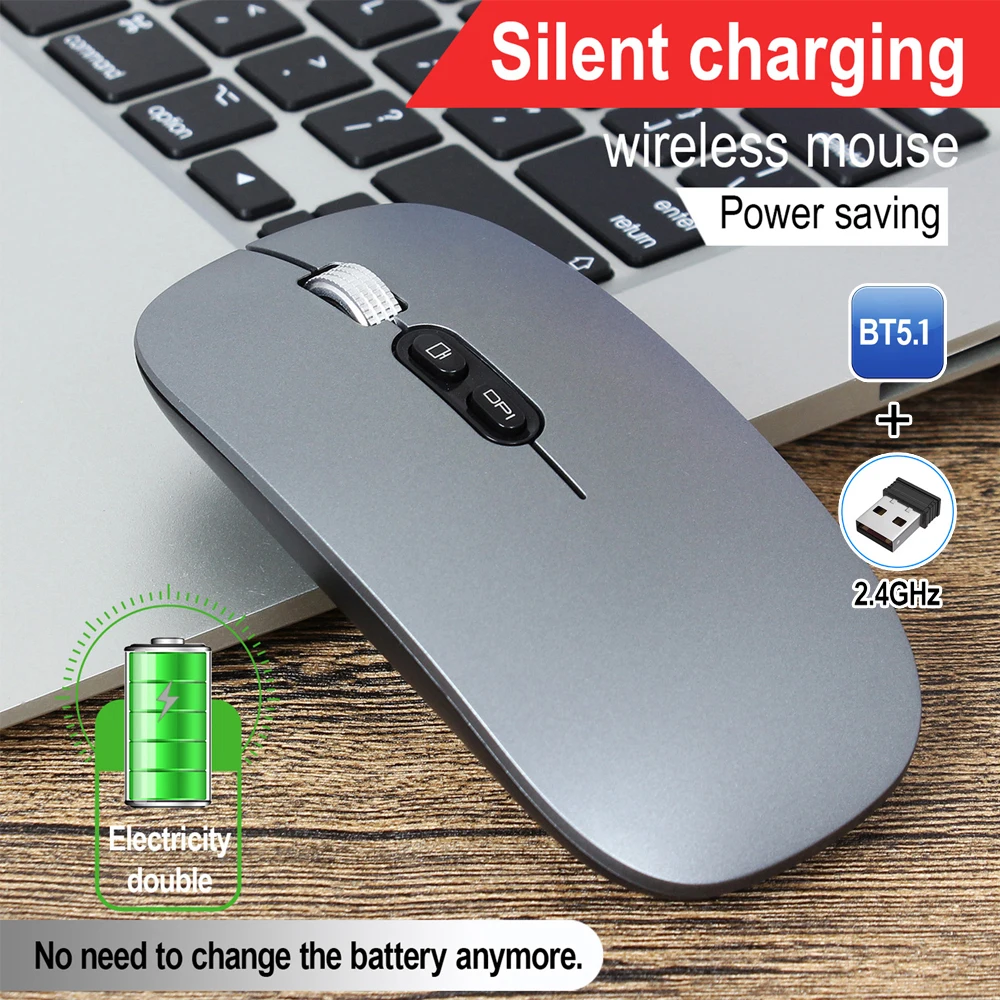 Тонкая Двухрежимная Беспроводная Bluetooth-мышь беспроводная перезаряжаемая 5 1 и 2 4