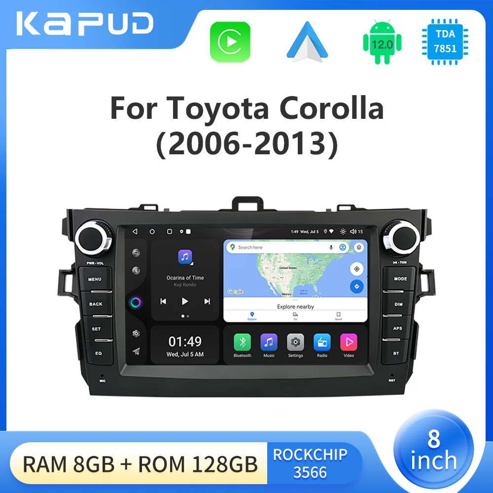 Мультимедийная магнитола Kapud для Toyota Corolla E140 E150 2006-2013 8 дюймов Android 12