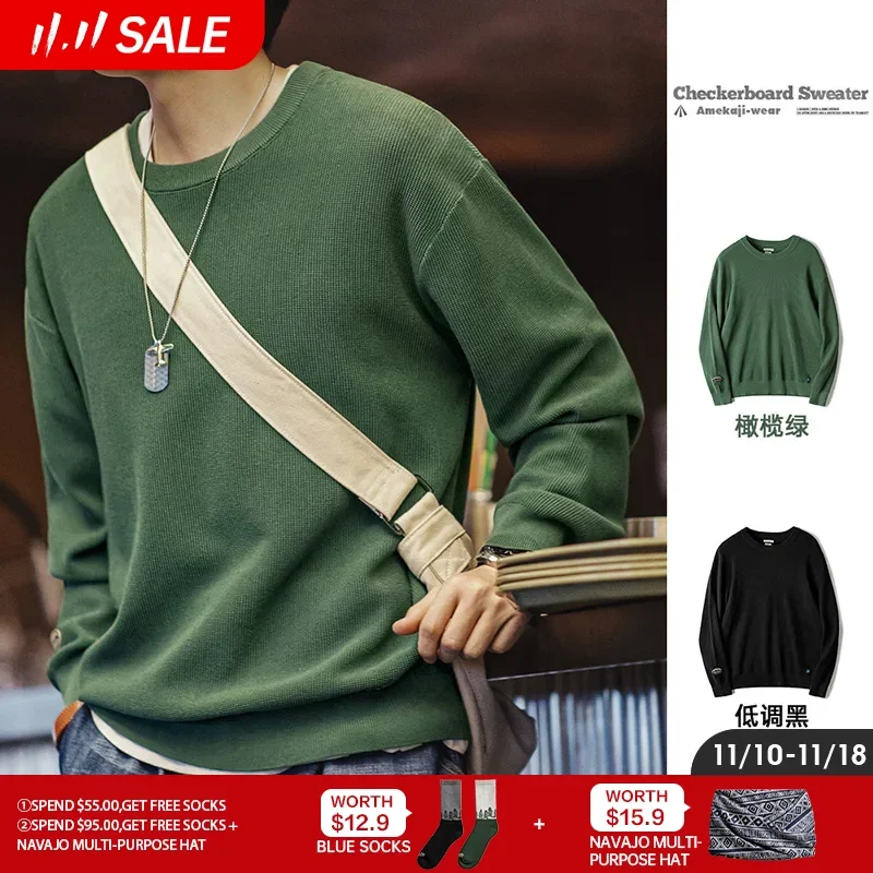 Maden Мужской свитер в клетку Зеленый с круглым вырезом Трикотажный длинный рукав