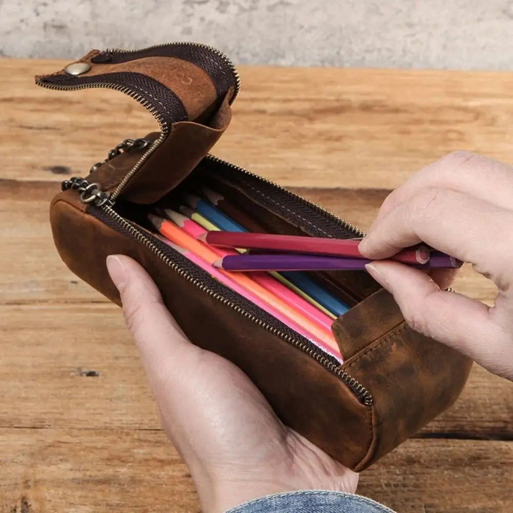 Ручка-карандаш на молнии в стиле ретро вместительный кожаный чехол ручной работы