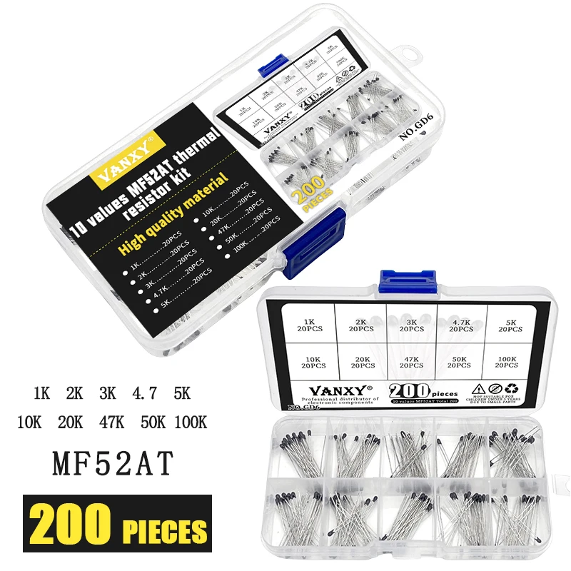 Комплект терморезисторов MF52AT MF52 B 3950 NTC 5% 1K 2K 3K 4 7 K 5K 10K 20K 47K 50K 100K Ом всего 200 шт. 10
