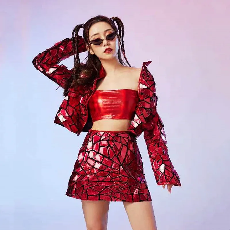 Взрослый женский костюм для джазовых танцев красная куртка с лазерным зеркалом